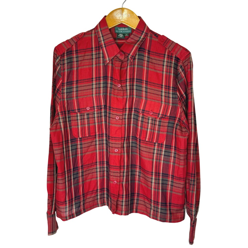Lauren Ralph Lauren Red Tartan Plaid Button Front Top Women's Large